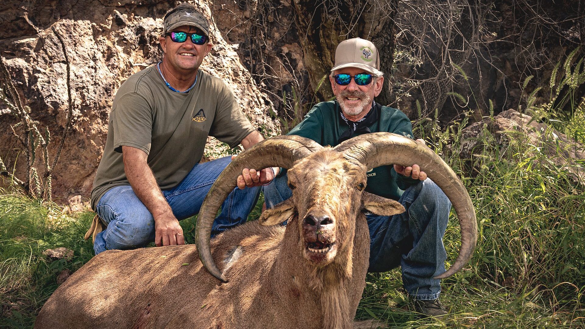 In a wooded area, a man displays a large Aoudad, showcasing his catch amidst the serene forest backdrop.